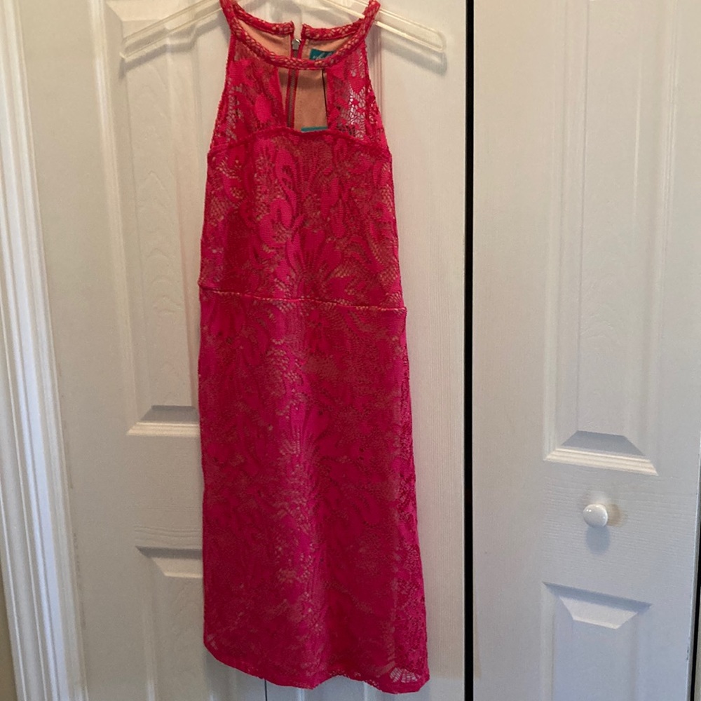 Pink lace midi dress